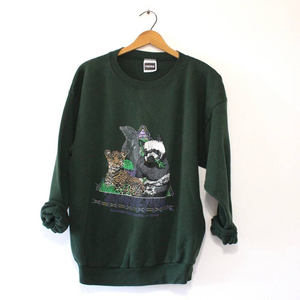 Vintage 90s Endangered Animals Green Sweatshirt Mens XL Wildlife Graphic